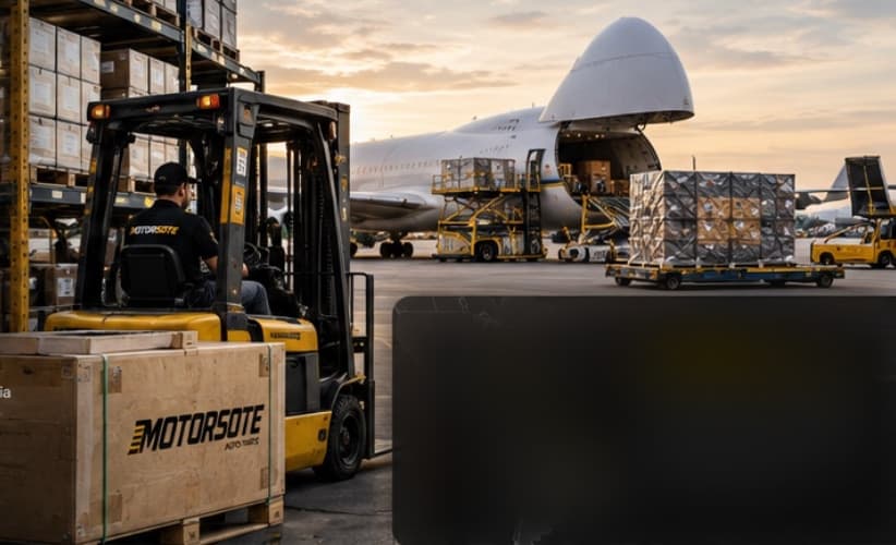 Montacargas moviendo una caja Motorsote junto a un avión de carga